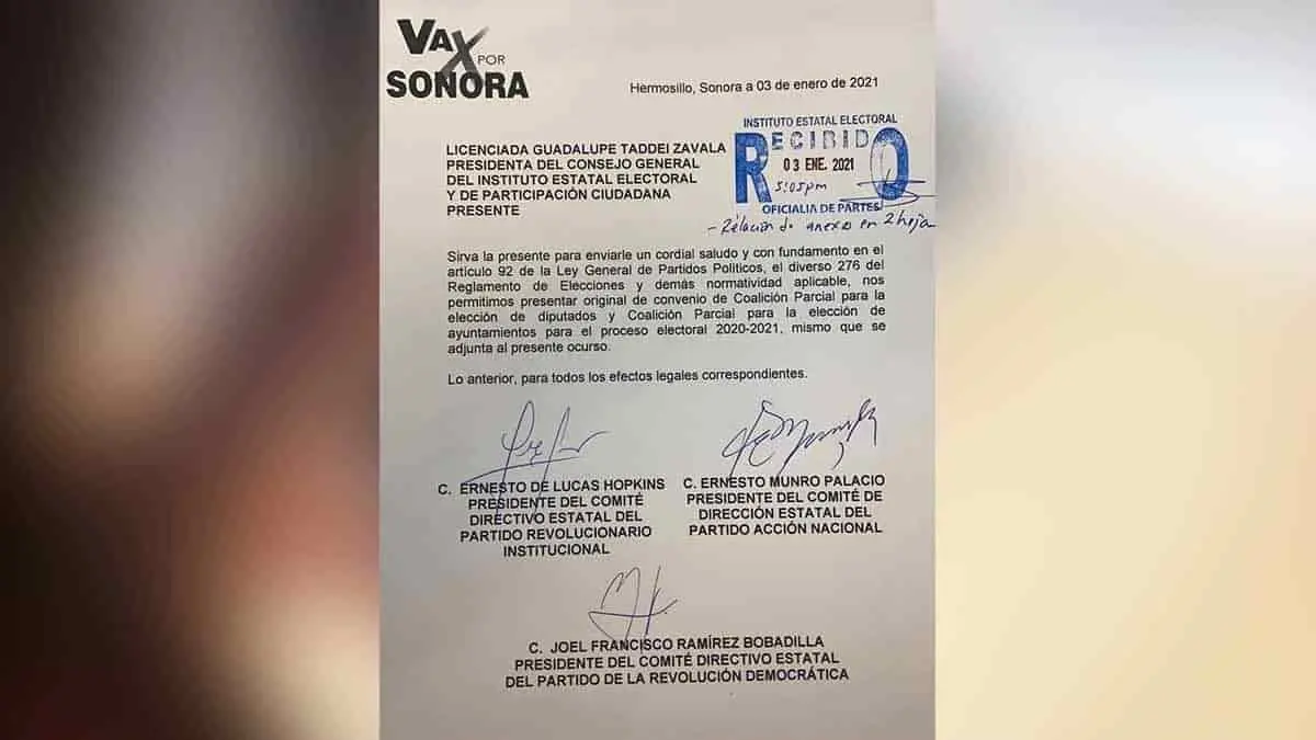 Registran PRI-PAN-PRD alianza, "Va por Sonora"