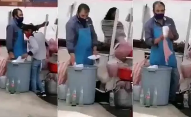Vendedores de comida sacan platos de la basura y los vuelven a usar