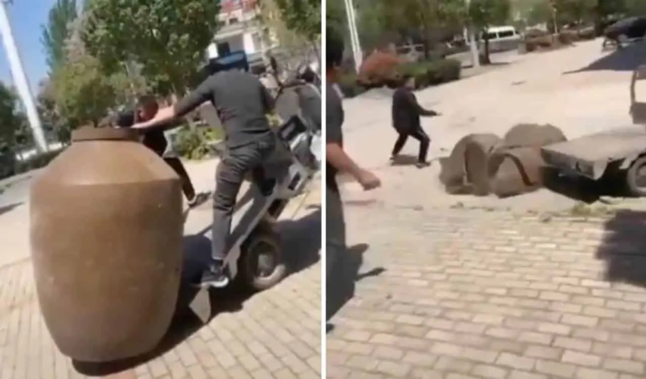VIDEO: Querían cargar un jarrón gigante y este fue el resultado