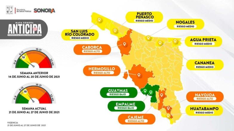 Hermosillo y Cajeme pasan a color Naranja en mapa de riesgo