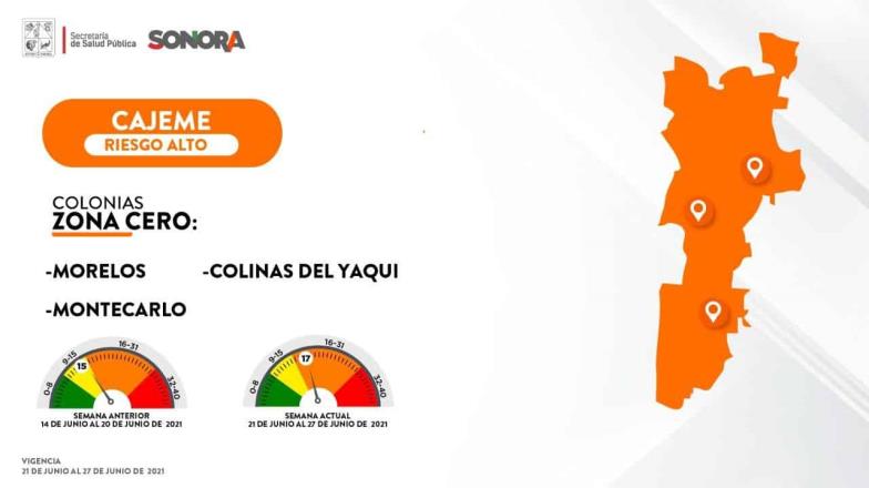 Hermosillo y Cajeme pasan a color Naranja en mapa de riesgo