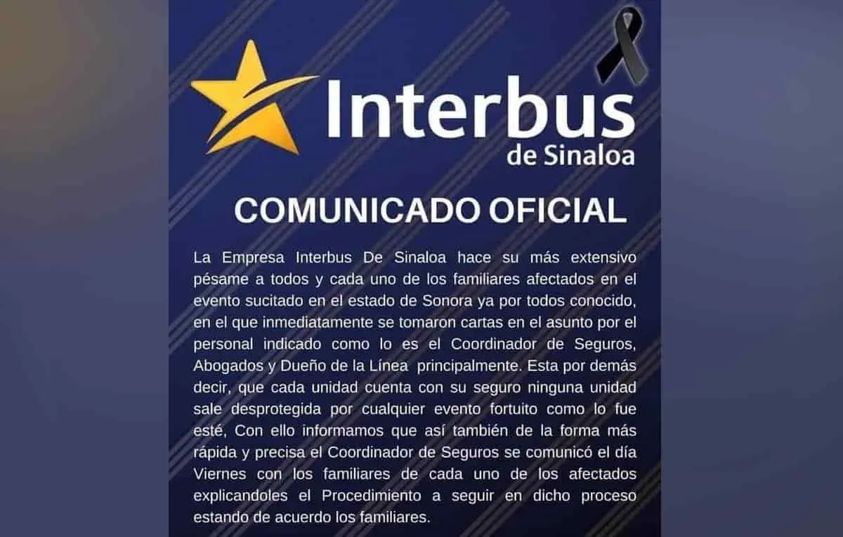 Afectados por camionazo en Sonoyta, no están desprotegidos: Interbus de Sinaloa