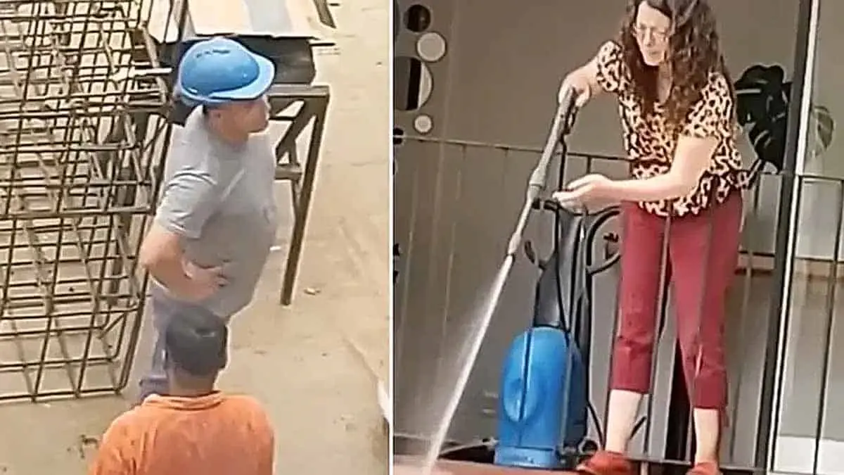 VIDEO: Mujer apaga a manguerazos el lonche de los albañiles