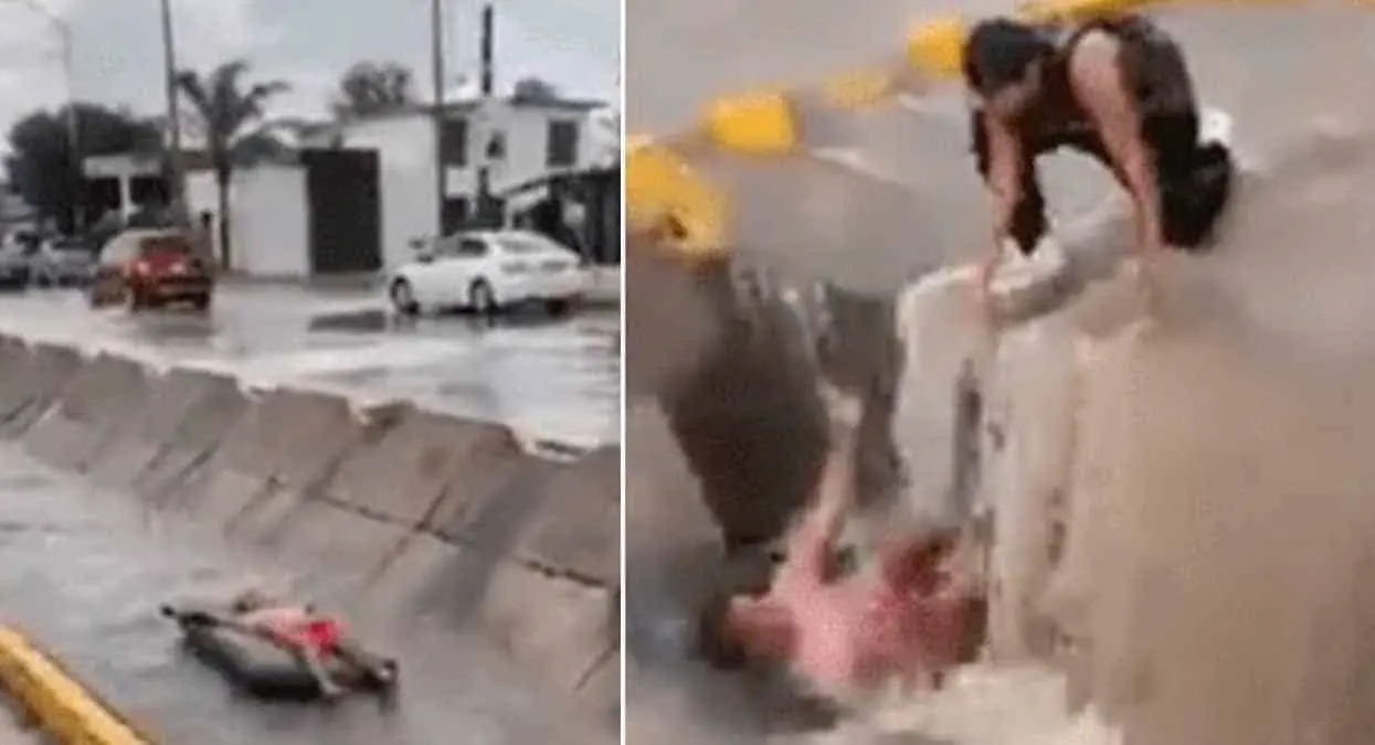 VIDEO: Se pasea en colchón inflable y se lo traga una coladera