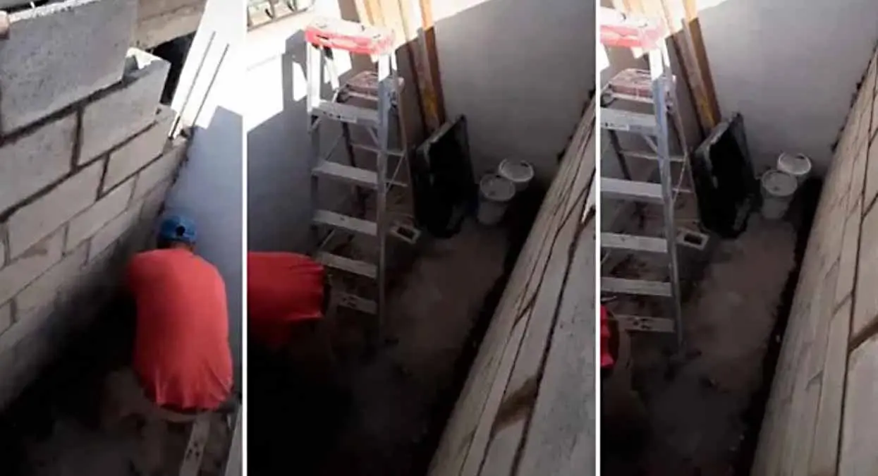 VIDEO. Olvida abrir puerta y queda atrapado en su construcción