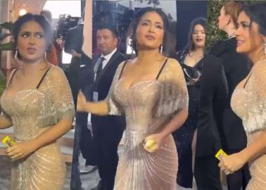 Salma Hayek  llega a alfombra roja con un pulparindo y mazapanes