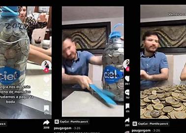 VIDEO | Le regala galón lleno de monedas a su hijo para ayudar con su boda