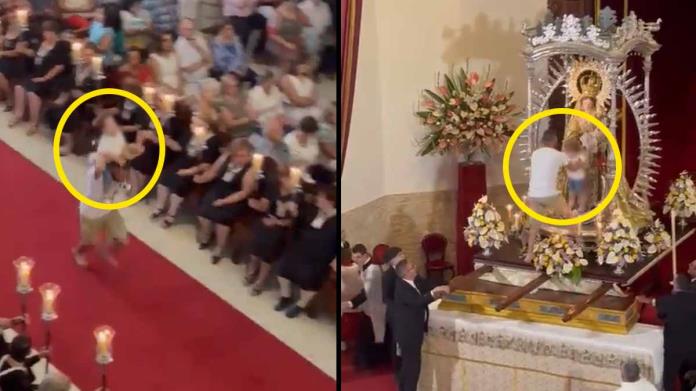 VIDEO | Entra a la iglesia corriendo con niño en hombros, sube al altar y lo deja junto a la Virgen VIDEO | Entra a la iglesia corriendo con niño en hombros, sube al altar y lo deja junto a la Virgen