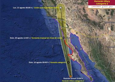 Huracán "Hilary" se desvanece a categoría 2; se espera un primer impacto durante la madrugada del domingo