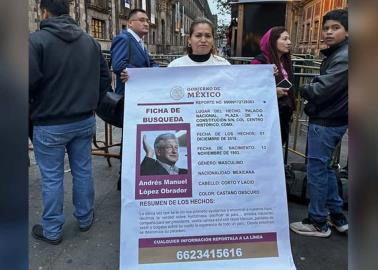 Ceci Flores protesta con ficha de búsqueda de AMLO en su última mañanera