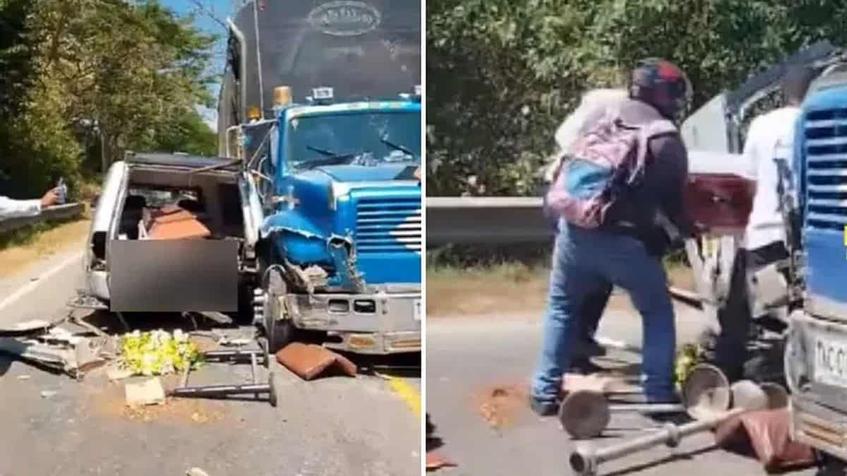 Carroza choca contra un tráiler: se sale el ataúd y el cadáver quedó expuesto en la carretera