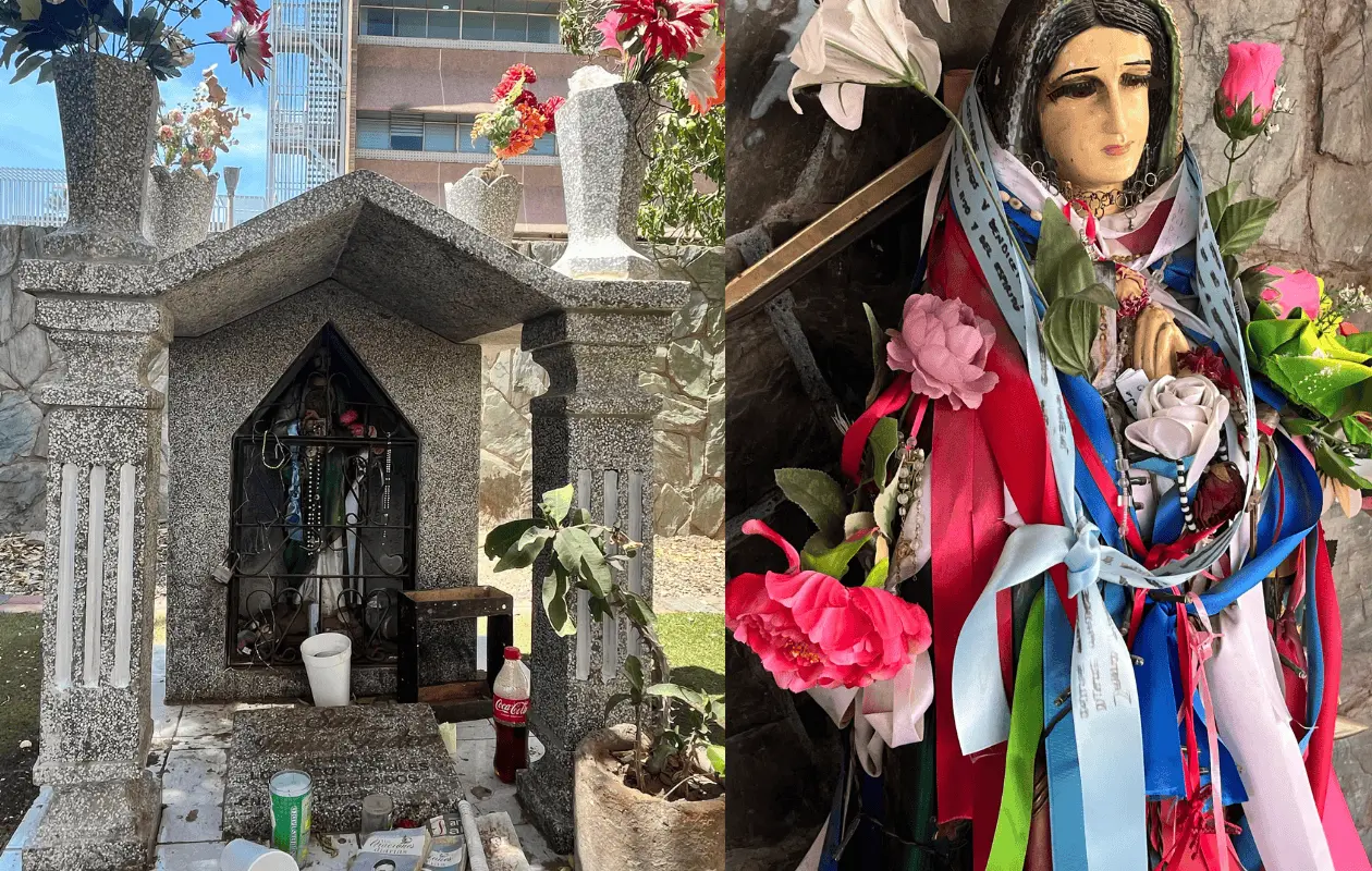 Imágenes de San Judas Tadeo y la Virgen de Guadalupe ocupan un lugar especial en altares afuera del HGR. No. 1 del IMSS.