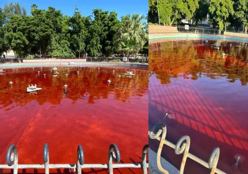 Fuente del parque Madero amaneció teñida de rojo: presunto acto de protesta por feminicidio múltiple en Hermosillo