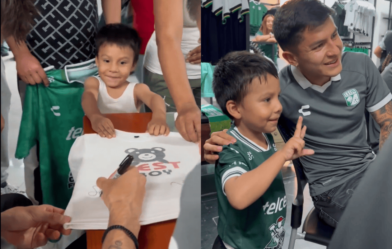 Jugador del Club León sorprende a niño con jersey nuevo durante firma de autógrafos