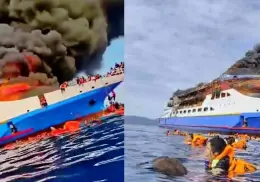 Se incendia ferry de Indonesia y pasajeros se lanzan al mar para ponerse a salvo | VIDEO