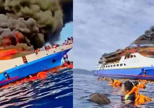 Se incendia ferry de Indonesia y pasajeros se lanzan al mar para ponerse a salvo | VIDEO