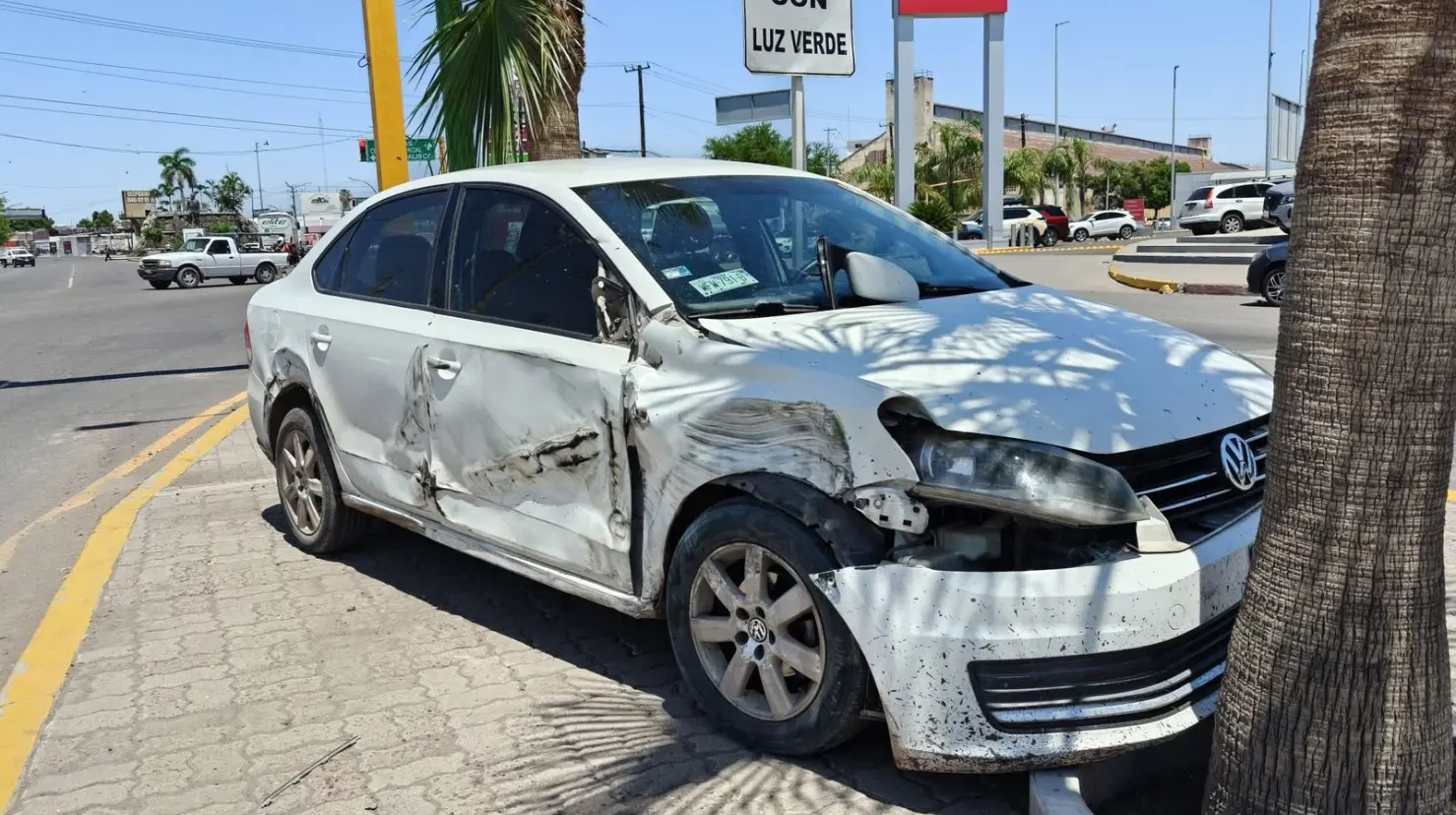 Se impacta vehículo con palma en la salida sur de Ciudad Obregón