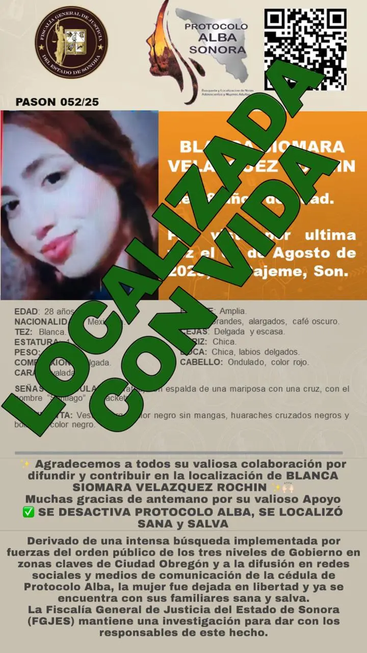 Localizan con vida a joven privada de la libertad