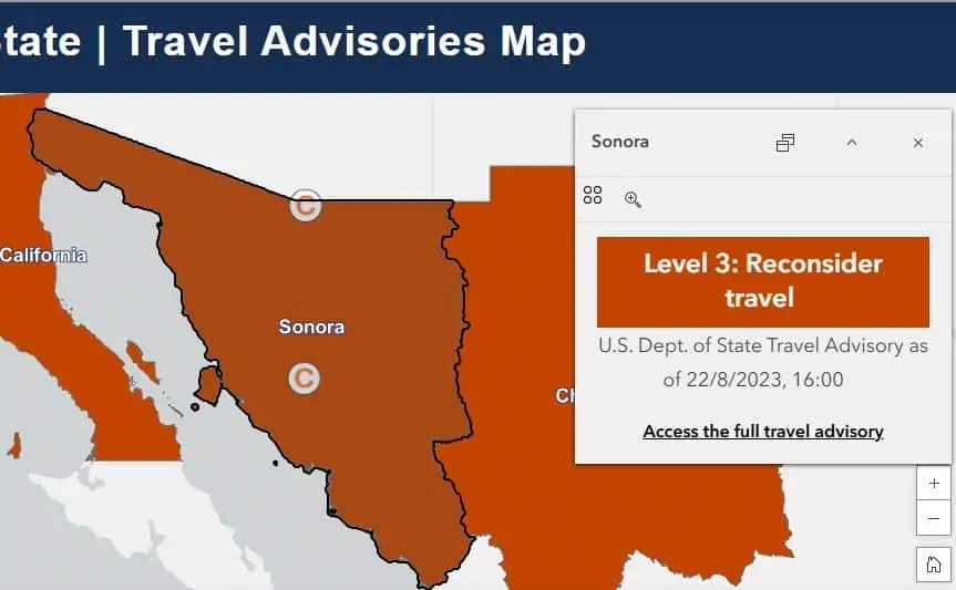 Mapa de avisos de viaje del Departamento de Estados Unidos