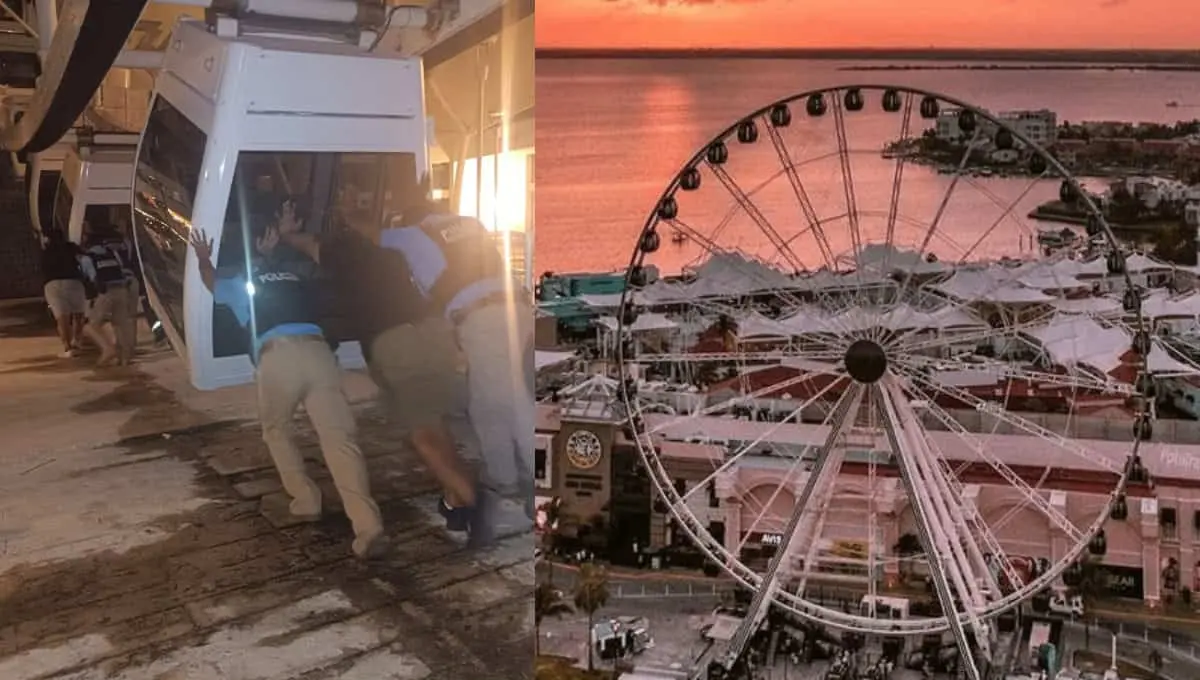 Apagón deja atrapados a usuarios en rueda de la fortuna en Cancún. Foto: Original