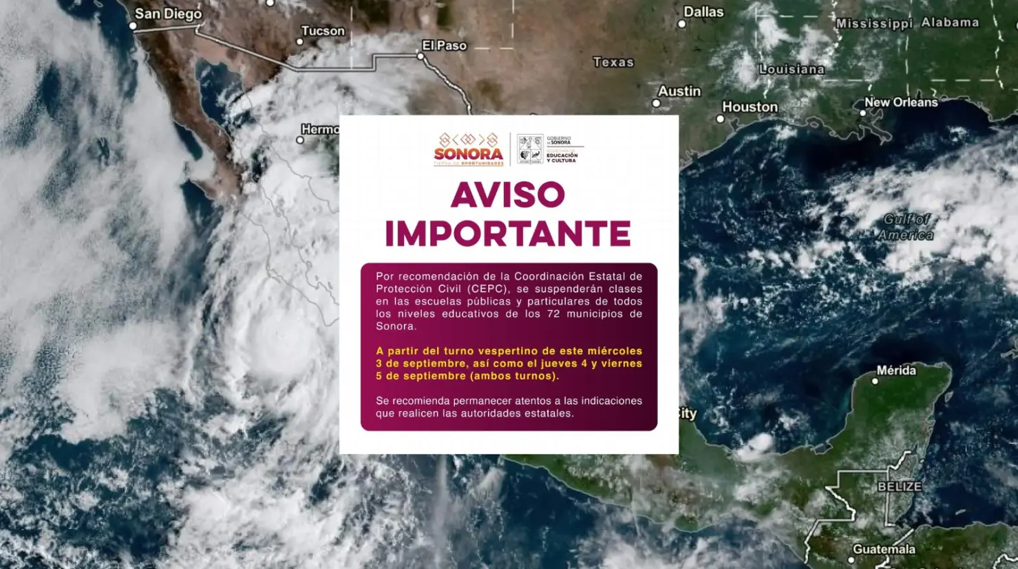 Se suspenden clases por huracán Lorena en los 72 municipios de Sonora
