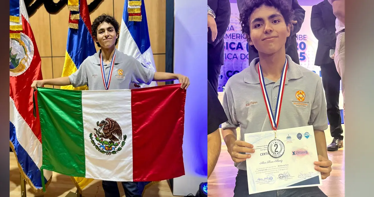 Alán Flores, estudiante de quinto semestre, del plantel Caborca, alzó la Bandera de México al ser declarado ganador en la final del certamen internacional