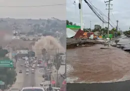 VIDEO | Impresionante fuga de agua provoca mega socavón e inundaciones en Tijuana