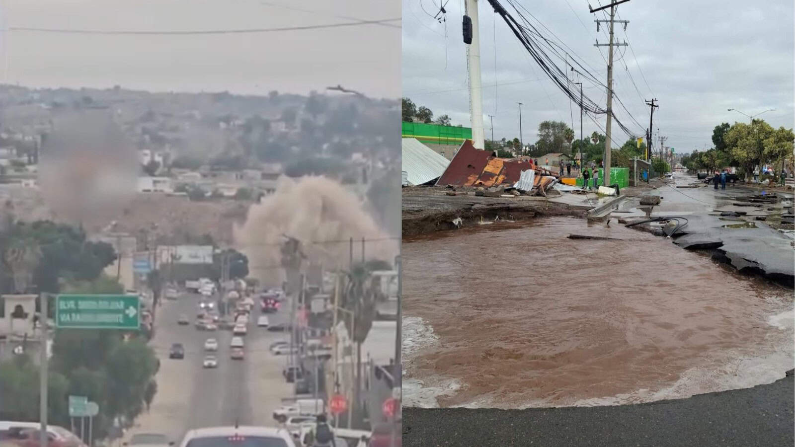 VIDEO | Impresionante fuga de agua provoca mega socavón e inundaciones en Tijuana