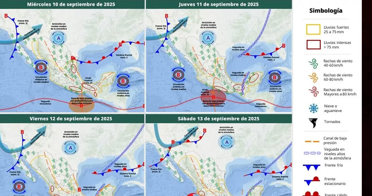 Los efectos del monzón mexicano en interacción con divergencia ocasionarán tormentas eléctricas con lluvias ligeras a moderadas