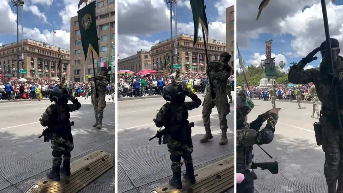 VIDEO | Momento en que un militar se quita insignia de brazo y se la regala a una pequeña vestida como soldado