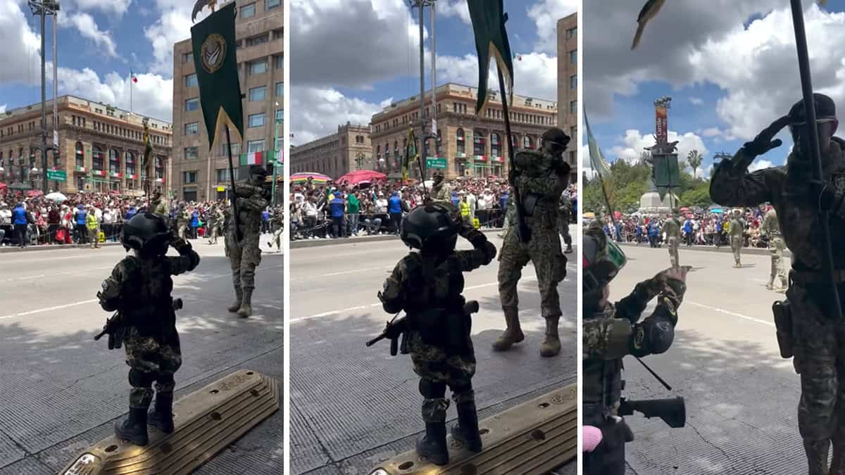 VIDEO | Momento en que un militar se quita insignia de brazo y se la regala a una pequeña vestida como soldado