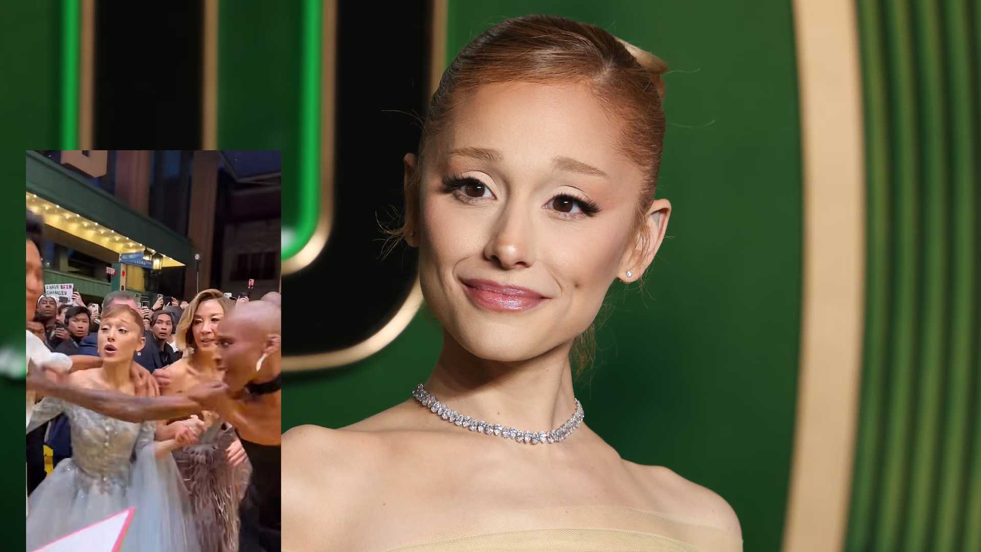 VIDEO|Fan irrumpe en la alfombra roja y abraza sin permiso a Ariana Grande durante la premiere de Wicked