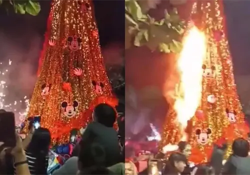 &Aacute;rbol navide&ntilde;o se incendia en segundos tras caer pirotecnia en San Vicente