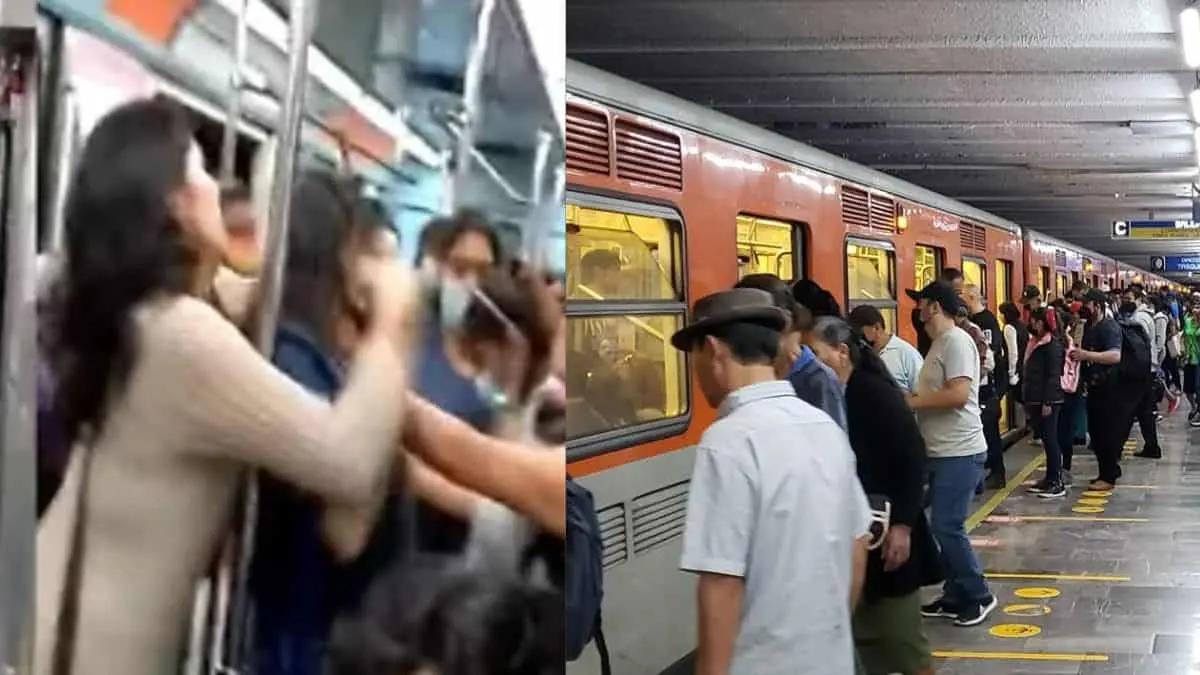 Mujeres protagonizan una pelea dentro de un vag&oacute;n del tren en la Ciudad de M&eacute;xico, mientras otras pasajeras observan el altercado en pleno trayecto