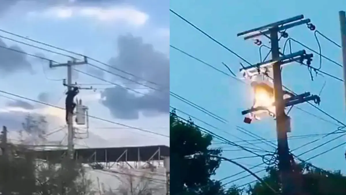 Momento en que un hombre qued&oacute; gravemente lesionado tras subir a un poste de alta tensi&oacute;n durante una persecuci&oacute;n en Ju&aacute;rez, Nuevo Le&oacute;n