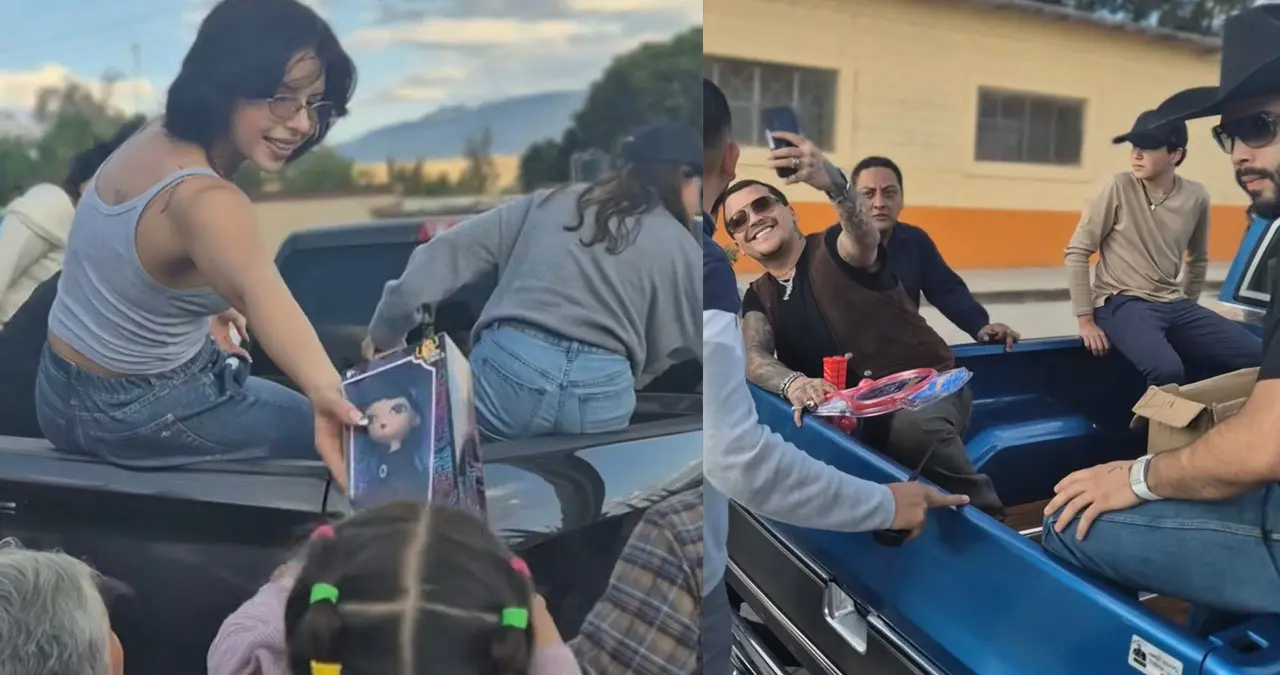 Christian Nodal y &Aacute;ngela Aguilar reparten juguetes en Zacatecas y desatan las cr&iacute;ticas en redes | VIDEO