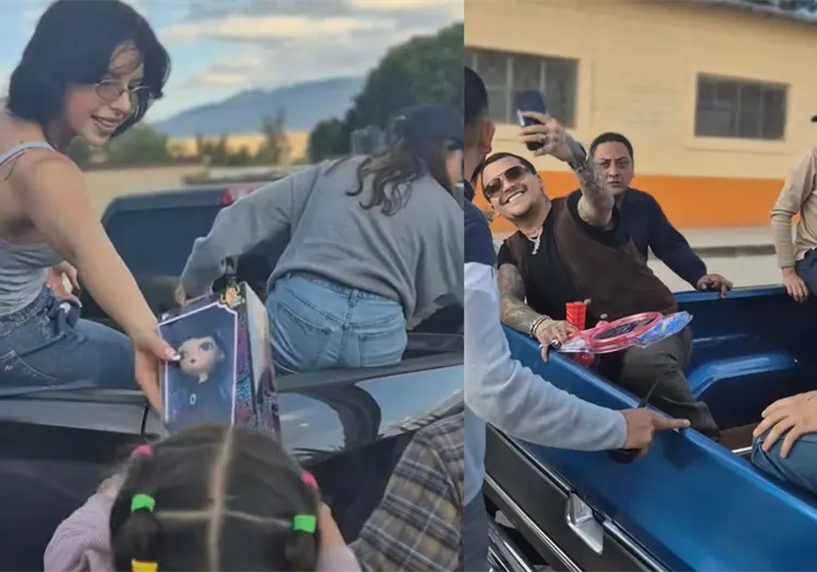 Christian Nodal y &Aacute;ngela Aguilar reparten juguetes en Zacatecas y desatan las cr&iacute;ticas en redes | VIDEO