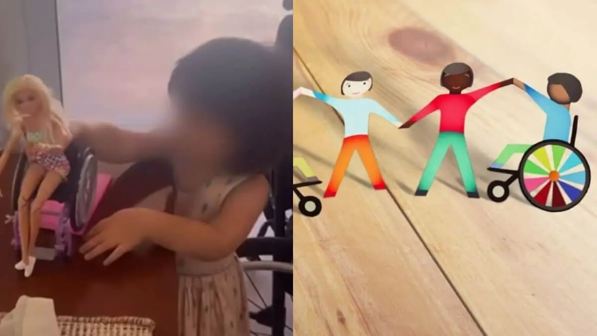 La peque&ntilde;a recibe su Barbie en silla de ruedas