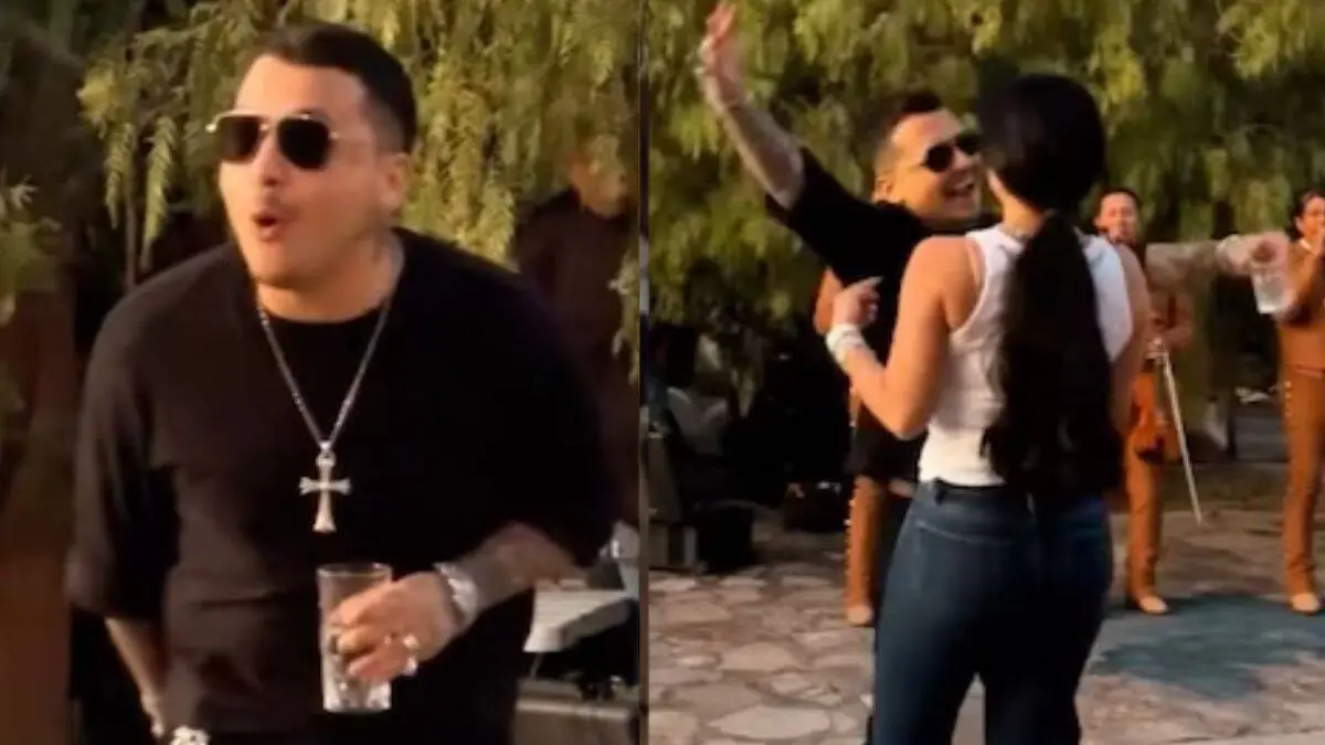 Christian Nodal y &Aacute;ngela Aguilar durante la celebraci&oacute;n del cumplea&ntilde;os 27 del cantante en Zacatecas