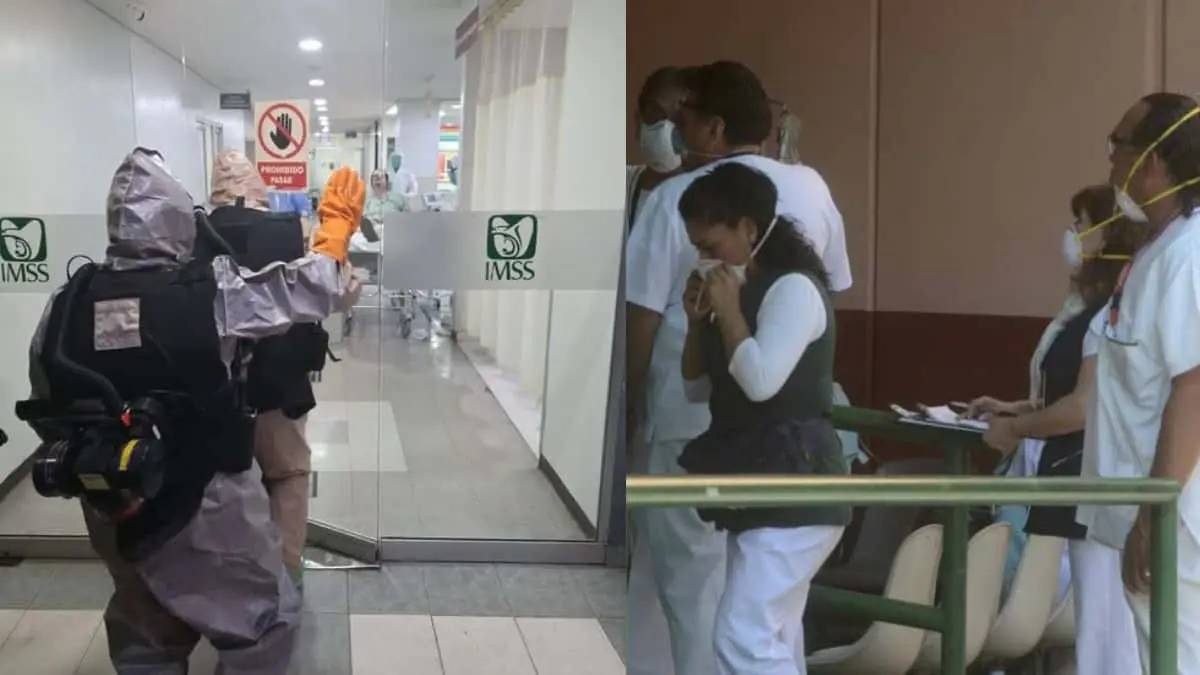 Personal médico y de emergencia utiliza equipo de protección especializado durante el operativo activado por la alerta química en la Clínica 1 del IMSS