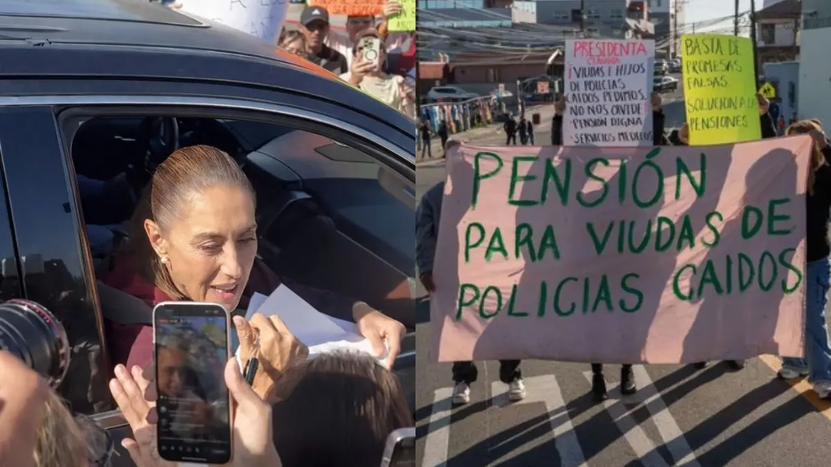 Policías jubilados, incapacitados y viudas se reunieron frente al Cuartel Morelos en Tijuana para exigir mejores pensiones y sueldos justos durante la visita de Claudia Sheinbaum