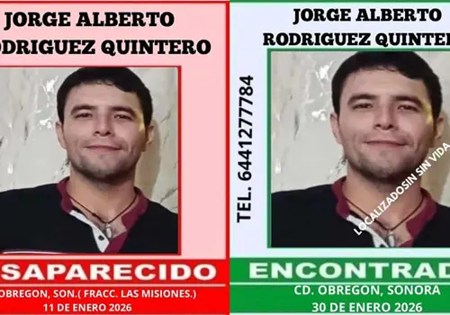 Hallan sin vida a Jorge Alberto Rodr&iacute;guez Quintero tras 19 d&iacute;as desaparecido en Cajeme