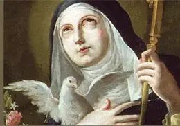 Santoral de hoy, 10 de febrero: Santa Escol&aacute;stica, patrona de las monjas, representada por una paloma