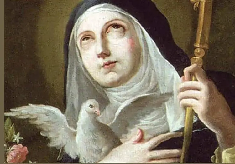 Santoral de hoy, 10 de febrero: Santa Escol&aacute;stica, patrona de las monjas, representada por una paloma